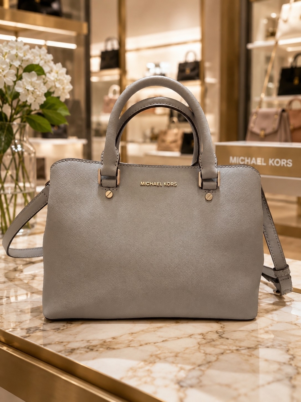Michael Kors Light Gray Saffiano Leather Satchel with Top Handles